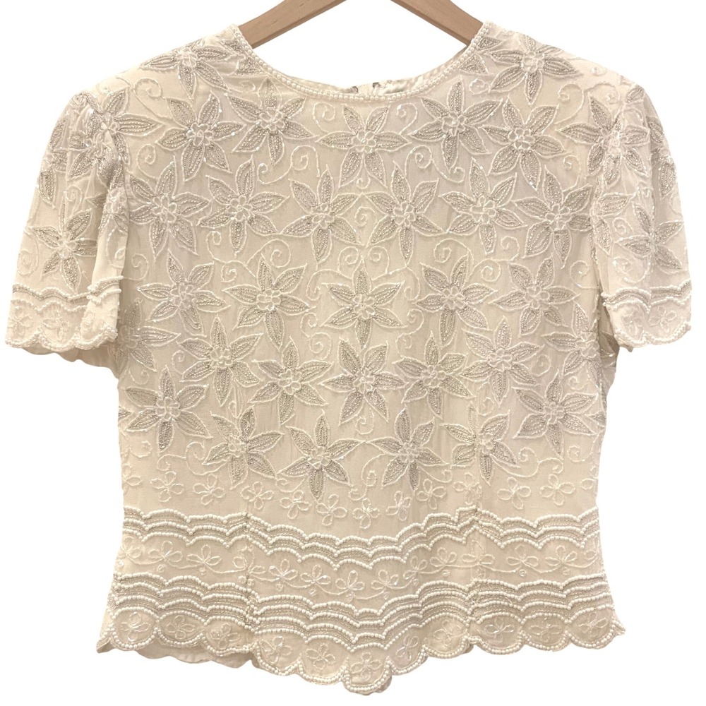 Papell Boutique Evening Silk Beaded Top Ivory Silver PS Bridal Vintage Statement